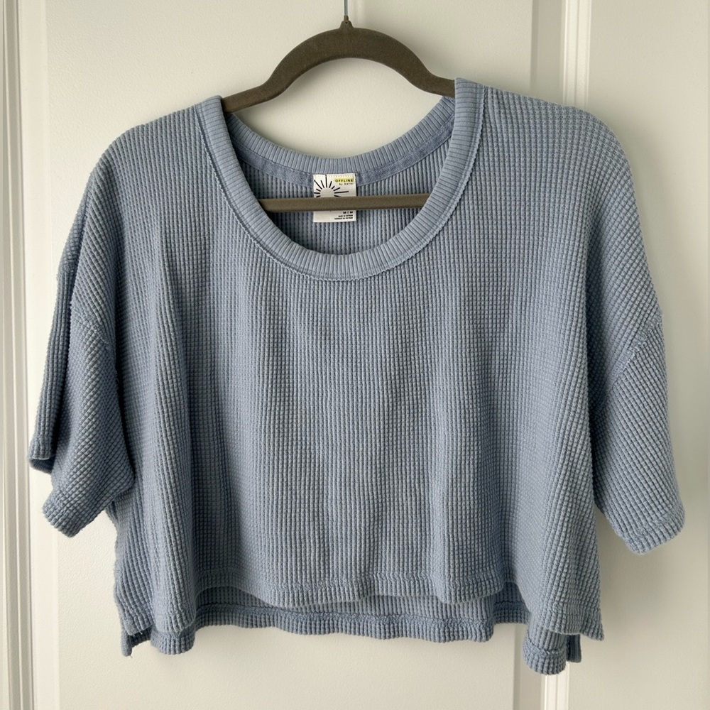 Blue Cropped Waffle Knit Aerie Top